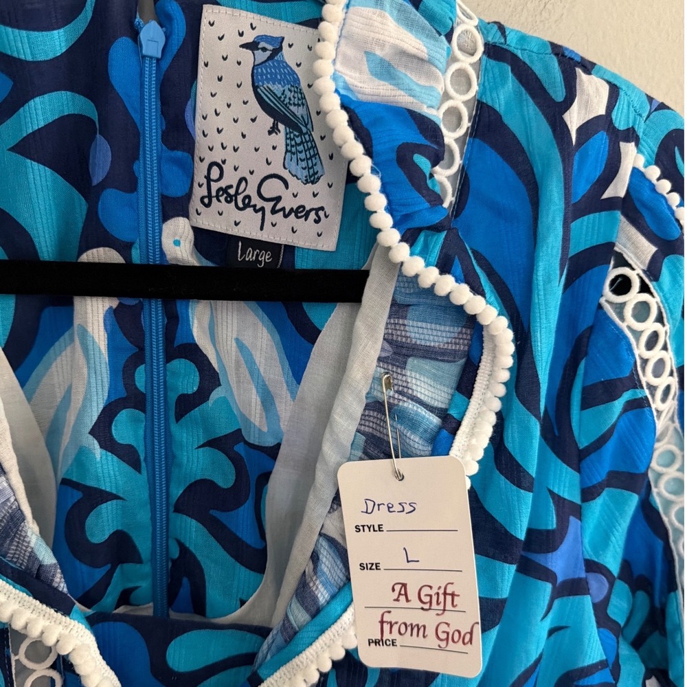Lesley Evers Blue Paisley Cotton Midi Dress Eyelet Trim Pockets Large - Picture 8 of 14